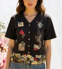 Teddi Brown Green V-Neck Short Sleeve Button Down Shirt