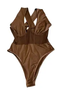 G Bella Bodysuit Size M Brown Mesh Waist Shapewear Corset Snap Crotch NWT