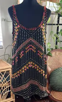 Free People Black Gold Beaded Multicolor Embroidered Open Back Mini Dress