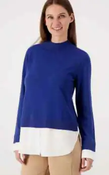 Isaac Mizrahi Live! Regular Mock Neck Sweater Twofer Twilight Blue 2Xp  A561401  Features: functional button placket  Fit: semi-fitted; follows the lines of the body with added wearing ease  Length: missy length 27" to 29-1/8"; plus length 29-1/2" to 33"  Content: 60% cotton/40% rayon; woven 100% polyester  Care: machine wash, dry flat