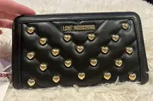 LOVE MOSCHINO Black Vegan Leather Gold Heart Studded Full Zip Wallet Red Inside