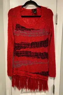 New Directions Size S red Black Fringe Hem Long Sleeve Loose Knit Sweater Tunic