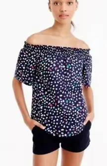 J. Crew Smocked Neck Off the Shoulder Top in‎ Ratti Happy Cat Rainbow Spot Print