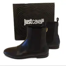 JUST CAVALLI 100% Calfskin Leather Black Flat Ankle Boots Women’s Sz 8 US 39 EUR