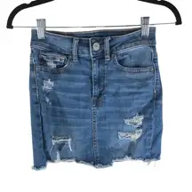 American Eagle Distressed Hi-Rise Mini Skirt Super Stretch Denim Blue Size 00