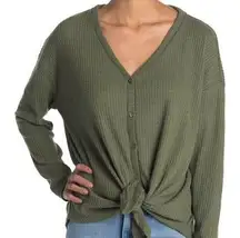 Gibson  Tie Front Waffle Knit Top Olive Green Long Sleeves V- Neck NEW