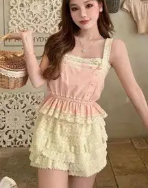 Japanese Kawaii Cottage Ballet Peach Pink Peplum Summer Lace Ribbon Crop Top