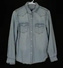 MNG Mango Distressed Light Denim Pearl Snap Button Down XS