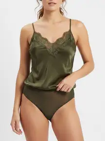 SOCIALITE Olive Green Lace Trim Spaghetti Strap Mesh Bodysuit Size S
