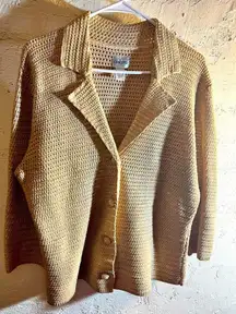 Chicos Cozy Gold Knit/crochet sweater, covered buttons, beautiful layering piece