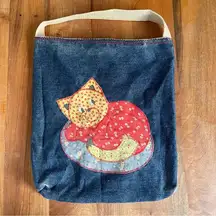 Vintage 70s Handmade Cloth Bag Tote Cat Kitty Kitten Denim Gingham Patchwork