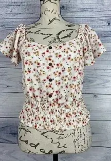 Monteau Floral Crop Top Women Size M Smock Waist Short Flutter Sleeves Scoop
