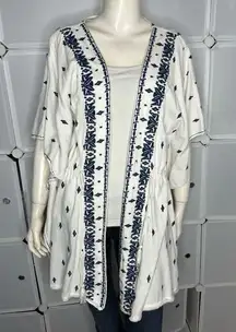 Zara Medium Kaftan Cover Up Kimono Robe Embroidered Tie White Navy Blue Boho Siz