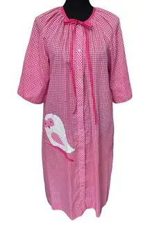 Models Coat L/XL Pink White‎ Gingham Plaid House Coat House Dress Bird VTG