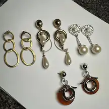 Retro Chunky Dangle Drop Pierced Earrings Lot Of 4 Gold Tone / Silver Tone Mix