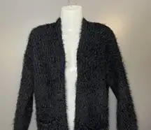 She + Sky Sweater Cardigan Womens One Size Black Fuzzy Eyelash Knit Open Front