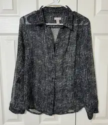 Chico's Womens Shirt Button Up Black Abstract Sheer Long‎ Sleeve Blouse Top SZ 1