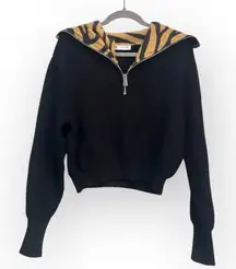 Zara Cropped Half-Zip Knit Sweater w/ Animal Print Collar – Size Small