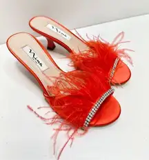 Nina Sandals Womens Size 6 Red Feather Embellished Slip On Open Toe Shoes