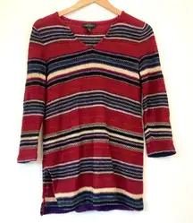 RALPH LAUREN JEANS CO LRL Red Navy Striped Cotton Linen 3/4 Sleeve Fall Sweater