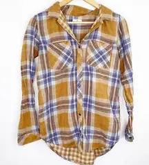 Thread & Supply Yellow Blue Plaid Button Front Cotton Shirt Women's Size Small S