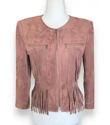 BCBG Max Azria Reiss Vegan Suede Leather Jacket Fringe Accents Toffee Brown