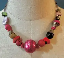Pink beaded coral abalone necklace