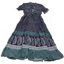 eShakti Dress Womens Size 0 Paisley Tiered Maxi Navy Purple Teal Ruffle Neck