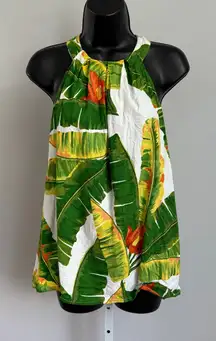 Cynthia Rowley White Green Linen Tropical Halter Top Vacation Resort sz L