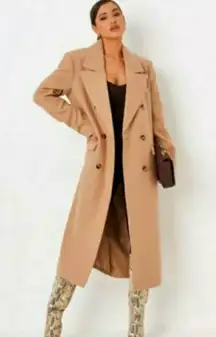 Missguided Camel Double Breasted Long Coat Button Winter Padded Shoulder Formal