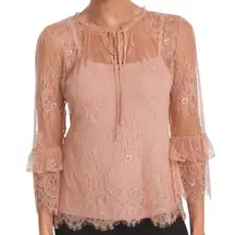 WHITE HOUSE BLACK MARKET Soft Pink Sheer Lace Tie Neck Shell‎ With Tank EUC XS