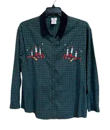 Nutcracker Womens Shirt Plaid Green Blue Candles Holiday Christmas Xlarge‎