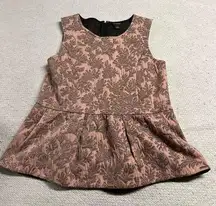 ⭐️ Ann Taylor Mauve Pink Leaf Print Metallic Shimmer Peplum Tank Top Small EUC