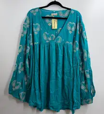 Southern Stitch teal blue embroidered boho babydoll tunic top plus size XXL NWT
