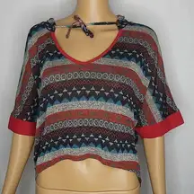 Toska Boho Hooded Crop Sweater Top 1/2 Sleeve Hood Hoodie Ties Striped Large