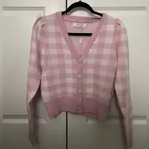 NWT  The Label Pink and White Plaid Cardigan with Jeweled Buttons