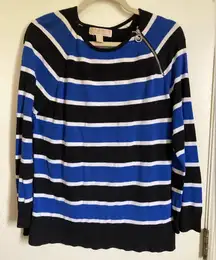 Michael Michael Kors Blue Striped Zipper Detail Thick Knit Long Sleeve Shirt #Gr
