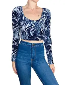 Blue & White Marble Velvet Printed Crop Top