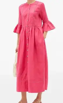 Solid & Striped ruffled cuff linen midi shirt dress fuchsia Barbie pink spring