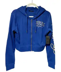 Ed Hardy Blue Tiger Lotus Cropped Hoodie Blue Long Sleeve Full Zip Size XL NEW