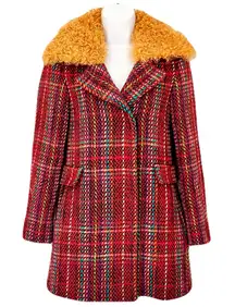 Vintage Etro 100% Wool Rainbow Tweed Coat w/ Marigold Curly Wool Collar, Size 38