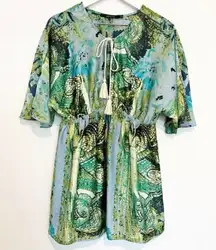 Ark & Co Green Blue Floral Mini‎ Dress Artsy Resortwear Beachy Boho Size Small