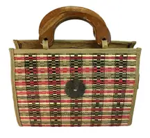 Mid Century Modern Handmade Purse Woven Straw Wood u Lined Wood Handle MCM u