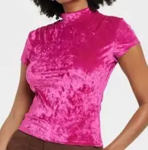 Velvet Hot Pink Fuschia Slim Fit Mock Turtleneck Velvet T-Shirt