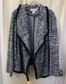 Rachel Zoe Navy White Tweed Blazer‎ Jacket Fringe Trim Open Front 3X