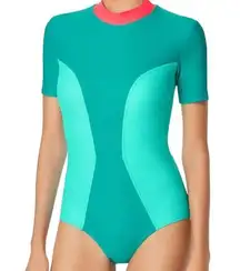 CHROMAT Teal Color Block Short Sleeve Back Zip One Piece Swimsuit, Small