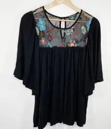 Cha Cha Vente Black Floral Embroidered Short Sleeve Tunic Women's Size Medium M