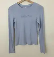 Light Baby Blue Ribbed Tight Embroidered Long Sleeve Top