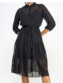 Nanette Lapore black sheer chiffon button up tie front long sleeve dress size 8‎