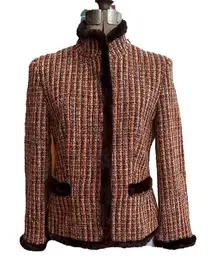 Olsen Orange & Brown Tweed Jacket Blazer With Faux Fur Trim Fitted Snap Closure